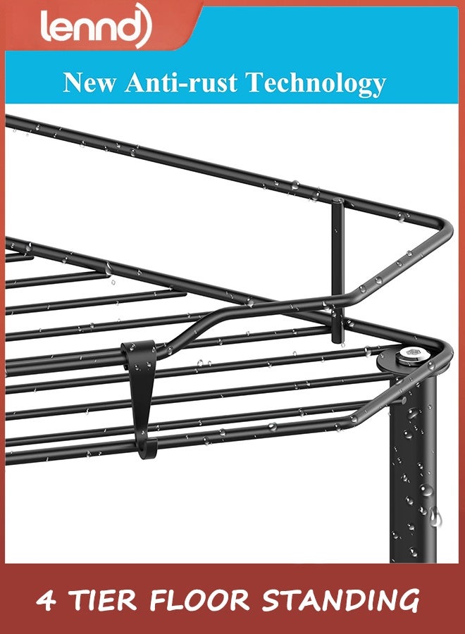 LENND 4 Tier Floor Standing Corner Shower Caddy Organizer Shelf with Hooks, Bathroom Shelves Stand Rack, Black - Image 3